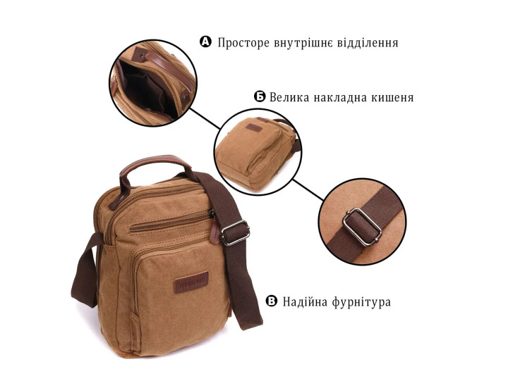 Чоловіча текстильна сумка через плече Vintage 22236 койот — фото 4
