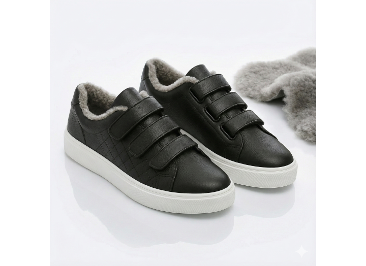 Жіночі зимові кросівки з вовною шкіряні на липучках Kindzer LUX 5208 чорні