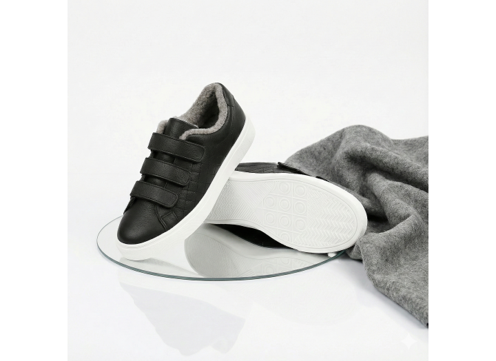 Жіночі зимові кросівки з вовною шкіряні на липучках Kindzer LUX 5208 чорні