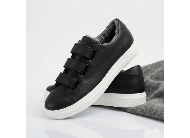 Жіночі зимові кросівки з вовною шкіряні на липучках Kindzer LUX 5208 чорні