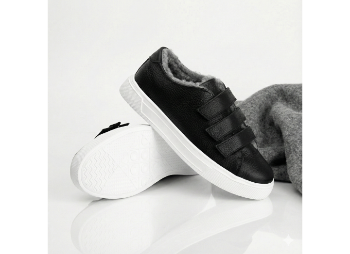 Жіночі зимові кросівки з вовною шкіряні на липучках Kindzer LUX 5208 чорні