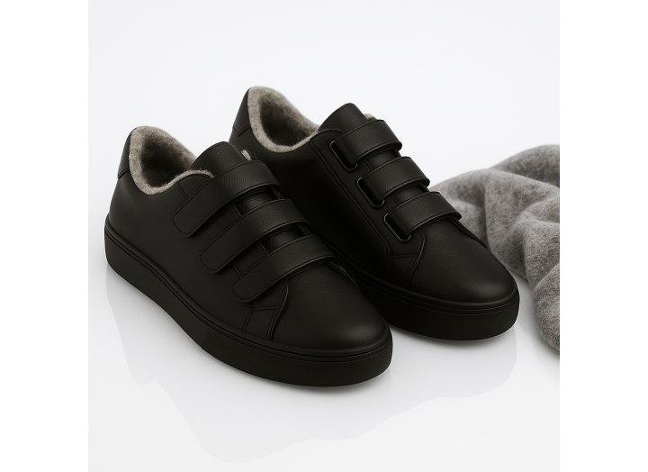 Жіночі зимові кросівки з вовною шкіряні на липучках Kindzer LUX 5209 чорні