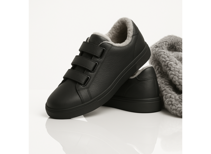 Жіночі зимові кросівки з вовною шкіряні на липучках Kindzer LUX 5209 чорні