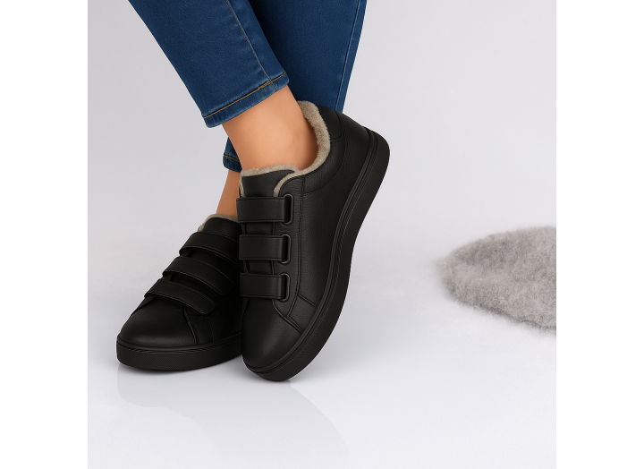 Жіночі зимові кросівки з вовною шкіряні на липучках Kindzer LUX 5209 чорні
