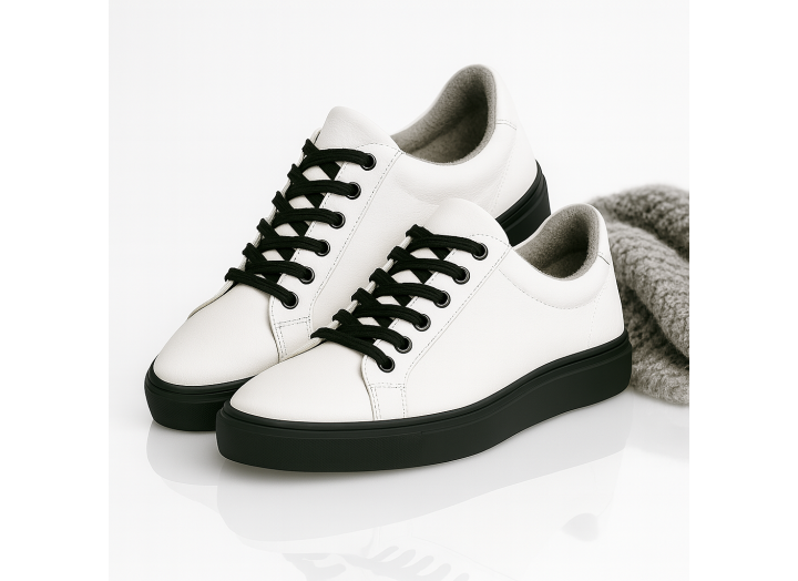 Жіночі зимові кросівки з вовною шкіряні Kindzer LUX 5211 білі з чорними шнурками